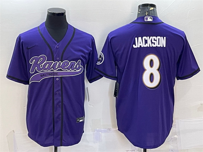 Men Baltimore Ravens 8 Lamar Jackson Purple With Patch Cool Base Stitched Baseball Jersey