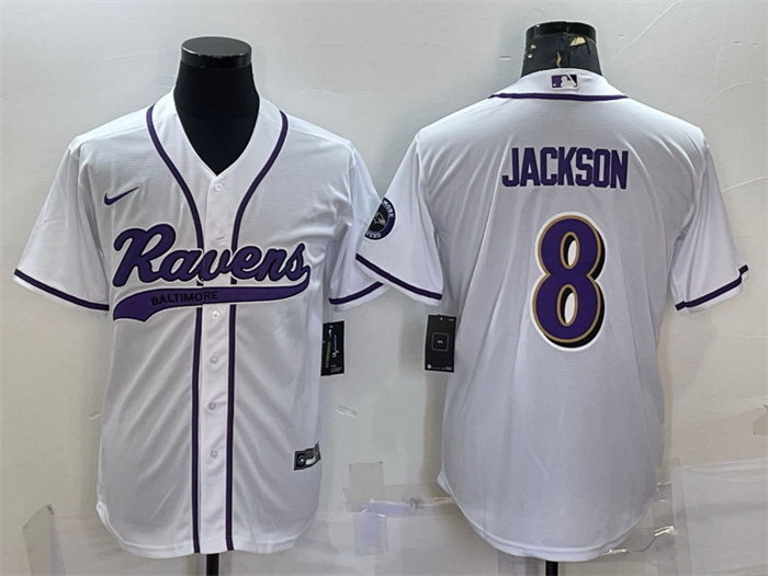 Men Baltimore Ravens 8 Lamar Jackson White With Patch Cool Base Stitched Baseball Jersey