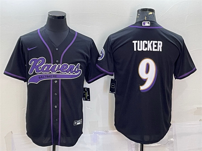 Men Baltimore Ravens 9 Justin Tucker Black With Patch Cool Base Stitched Baseball Jersey