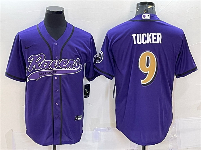 Men Baltimore Ravens 9 Justin Tucker Purple Gold With Patch Cool Base Stitched Baseball Jersey