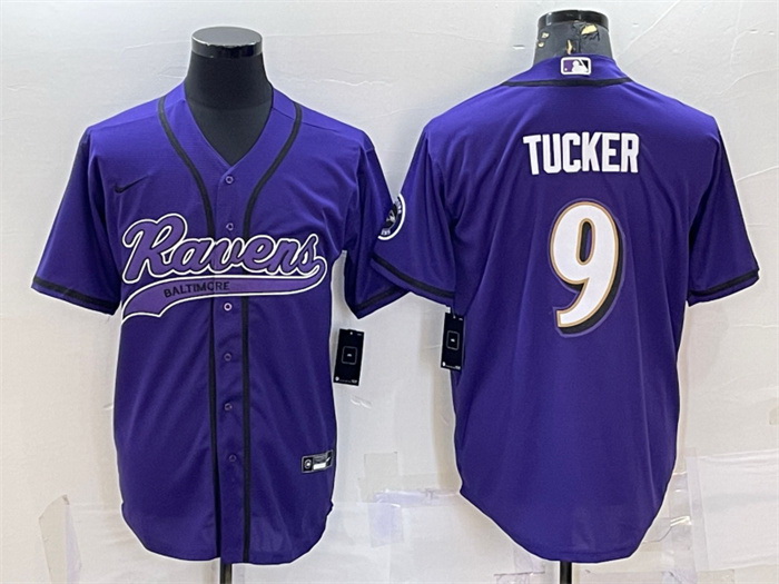 Men Baltimore Ravens 9 Justin Tucker Purple With Patch Cool Base Stitched Baseball Jersey