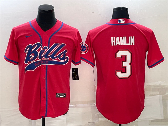 Men Buffalo Bills 3 Damar Hamlin Red With Patch Cool Base Stitched Baseball Jersey