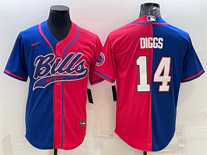 Men Buffalo Bills 14 Stefon Diggs Royal Red Split With Patch Cool Base Stitched Baseball Jersey