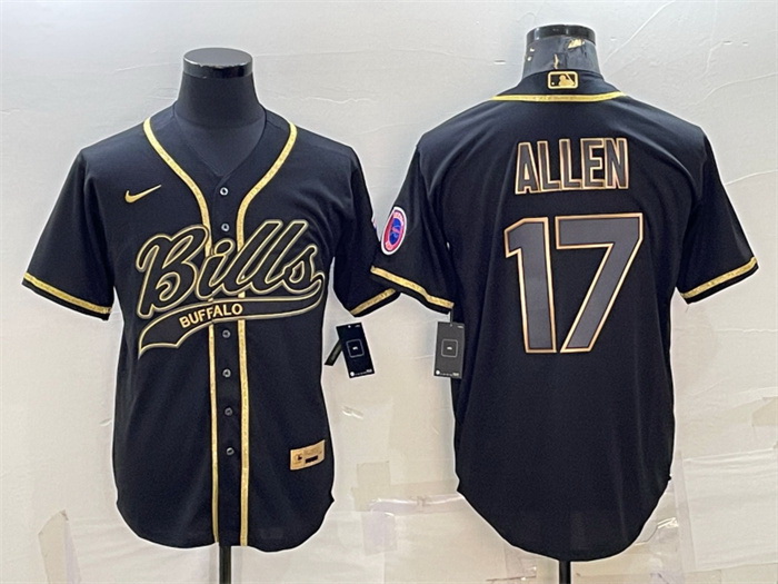 Men Buffalo Bills 17 Josh Allen Black Gold Edition With Patch Cool Base Stitched Baseball Jersey