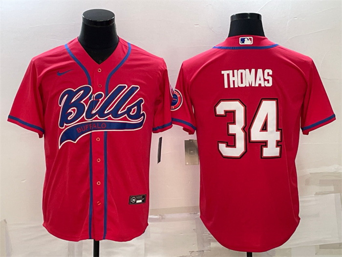 Men Buffalo Bills 34 Thurman Thomas Red With Patch Cool Base Stitched Baseball Jersey