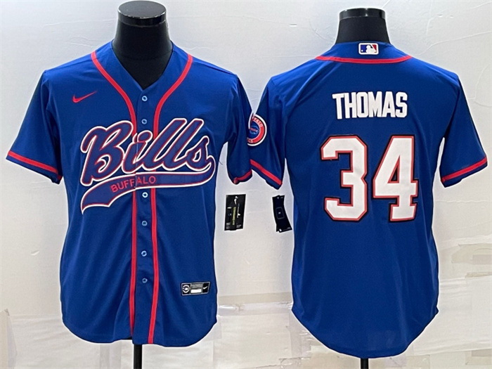 Men Buffalo Bills 34 Thurman Thomas Royal With Patch Cool Base Stitched Baseball Jersey