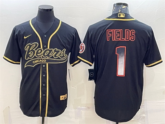 Men Chicago Bears 1 Justin Fields Black Gold With Patch Cool Base Stitched Baseball Jersey