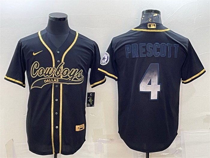 Men Dallas Cowboys 4 Dak Prescott Black Gold With Patch Cool Base Stitched Baseball Jersey