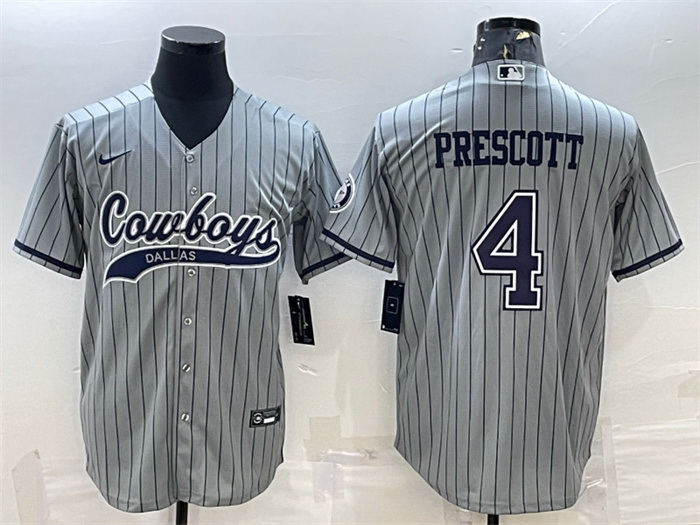 Men Dallas Cowboys 4 Dak Prescott Gray With Patch Cool Base Stitched Baseball Jersey