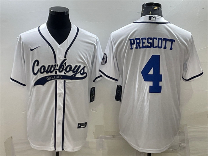 Men Dallas Cowboys 4 Dak Prescott White With Patch Cool Base Stitched Baseball Jersey