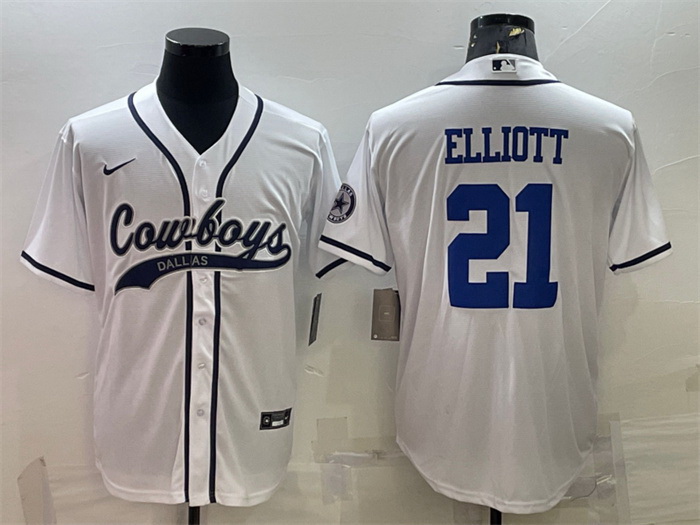 Men Dallas Cowboys 21 Ezekiel Elliott White With Patch Cool Base Stitched Baseball Jersey