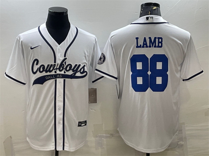 Men Dallas Cowboys 88 CeeDee Lamb White With Patch Cool Base Stitched Baseball Jersey