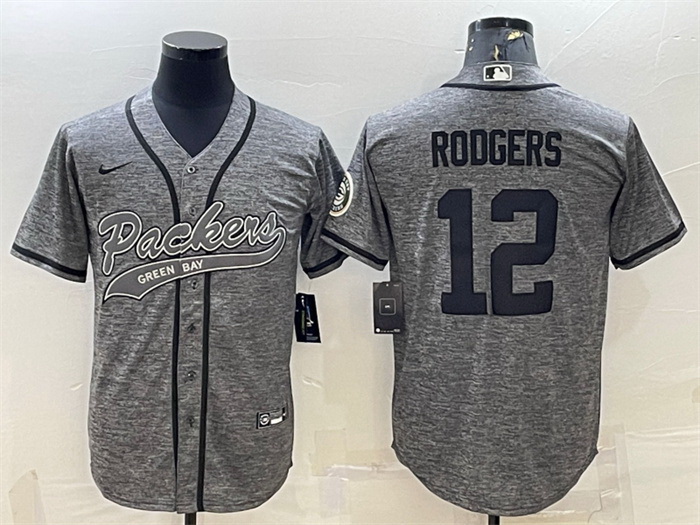 Men Green Bay Packers 12 Aaron Rodgers Grey With Patch Cool Base Stitched Baseball Jersey