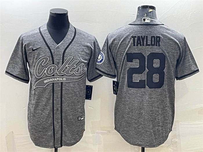 Men Indianapolis Colts 28 Jonathan Taylor Grey With Patch Cool Base Stitched Baseball Jersey