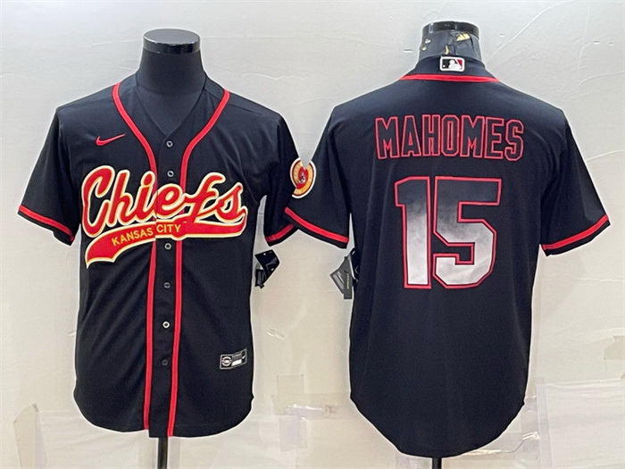 Men Kansas City Chiefs 15 Patrick Mahomes Black Red With Patch Cool Base Stitched Baseball Jersey