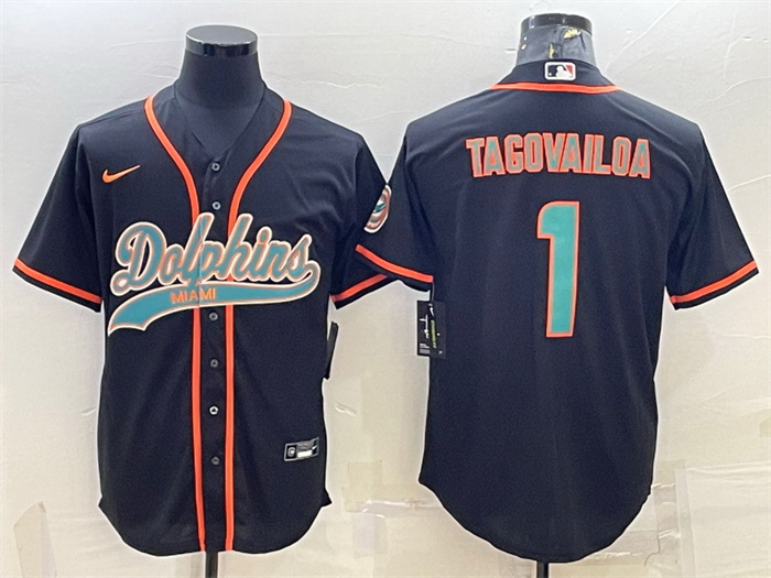 Men Miami Dolphins 1 Tua Tagovailoa Black With Patch Cool Base Stitched Baseball Jersey