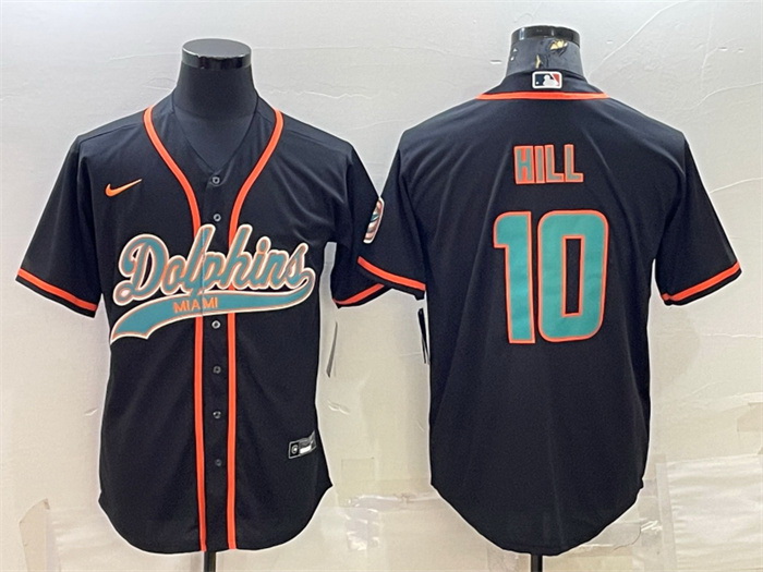 Men Miami Dolphins 10 Tyreek Hill Black With Patch Cool Base Stitched Baseball Jersey