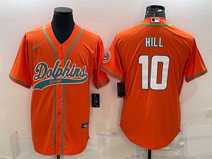 Men Miami Dolphins 10 Tyreek Hill Orange With Patch Cool Base Stitched Baseball Jersey