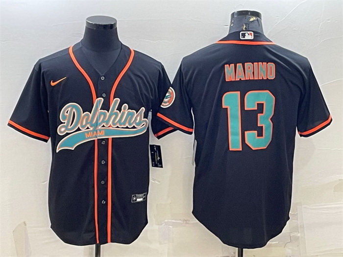 Men Miami Dolphins 13 Dan Marino Black With Patch Cool Base Stitched Baseball Jersey