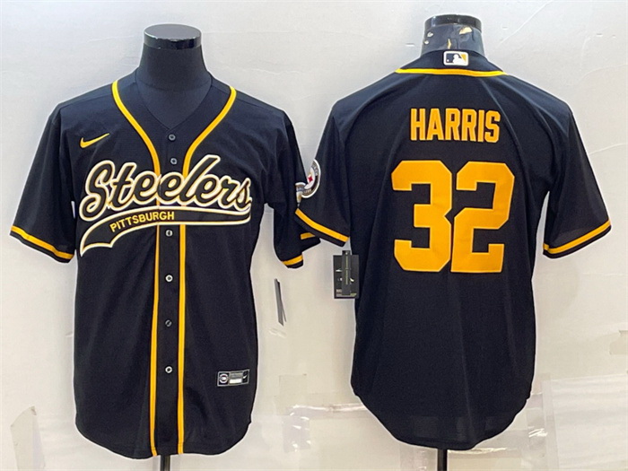 Men Pittsburgh Steelers 32 Franco Harris Black Gold With Patch Cool Base Stitched Baseball Jersey