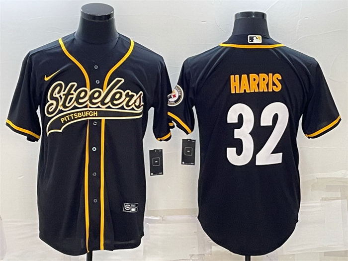 Men Pittsburgh Steelers 32 Franco Harris Black With Patch Cool Base Stitched Baseball Jersey