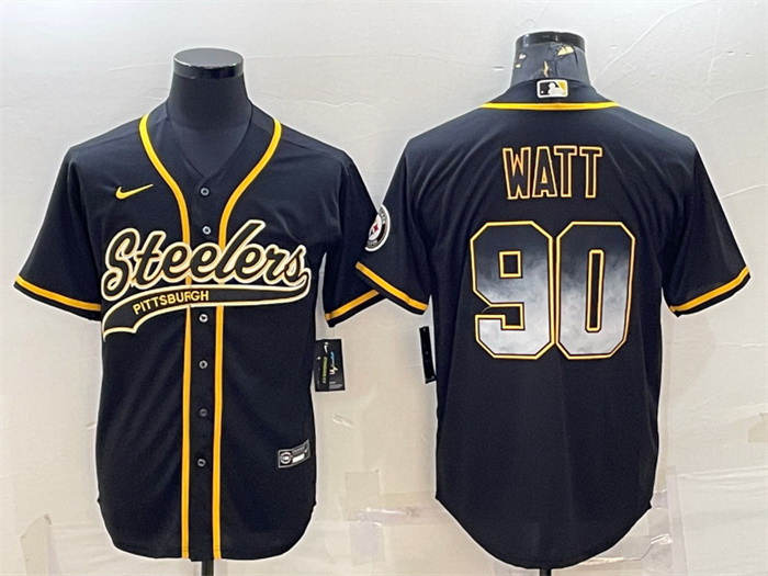 Men Pittsburgh Steelers 90 T J Watt Black Gold With Patch Cool Base Stitched Baseball Jersey