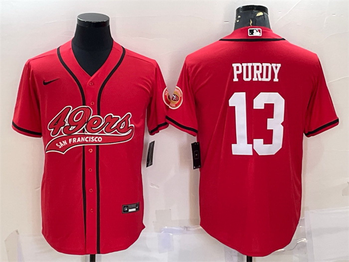 Men San Francisco 49ers 13 Brock Purdy Red With Patch Cool Base Stitched Baseball Jersey