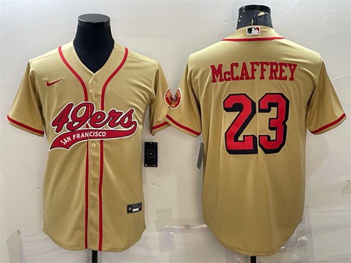 Men San Francisco 49ers 23 Christian McCaffrey New Gold With Patch Cool Base Stitched Baseball Jerse