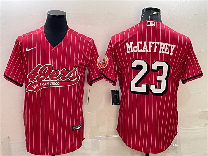 Men San Francisco 49ers 23 Christian McCaffrey Red With Patch Cool Base Stitched Baseball Jersey