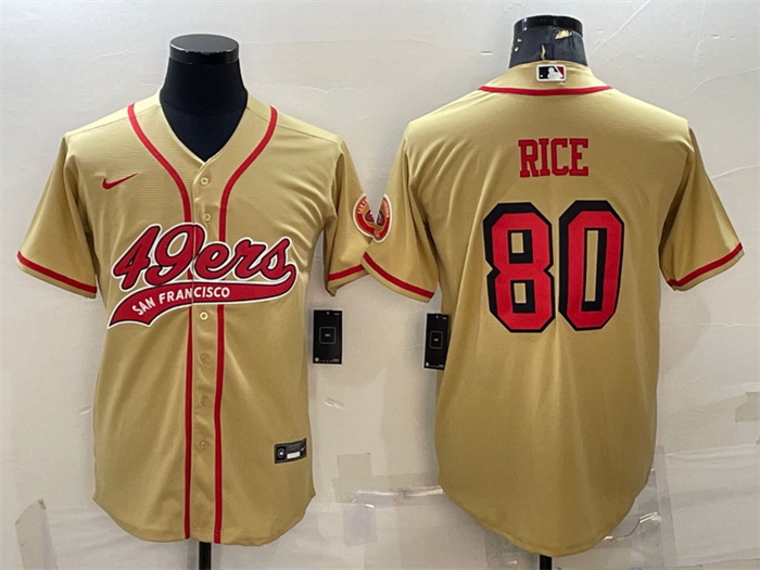 Men San Francisco 49ers 80 Jerry Rice New Gold With Patch Cool Base Stitched Baseball Jersey