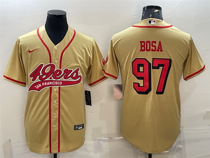 Men San Francisco 49ers 97 Nick Bosa New Gold With Patch Cool Base Stitched Baseball Jersey