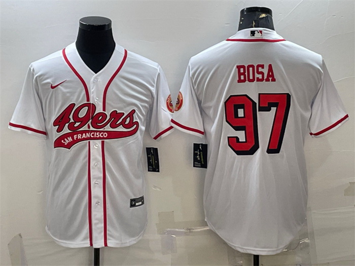 Men San Francisco 49ers 97 Nick Bosa New White With Patch Cool Base Stitched Baseball Jersey