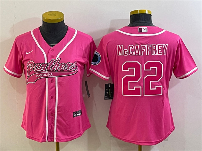 Women Carolina Panthers 22 Christian McCaffrey Pink With Patch Cool Base Stitched Baseball Jersey