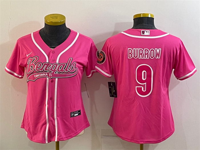 Women Cincinnati Bengals 9 Joe Burrow Pink With Patch Cool Base Stitched Baseball Jersey