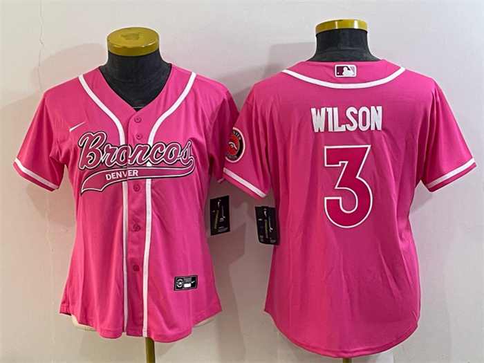 Women Denver Broncos 3 Russell Wilson Pink With Patch Cool Base Stitched Baseball Jersey