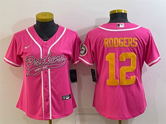 Women Green Bay Packers 12 Aaron Rodgers Pink Gold With Patch Cool Base Stitched Baseball Jersey