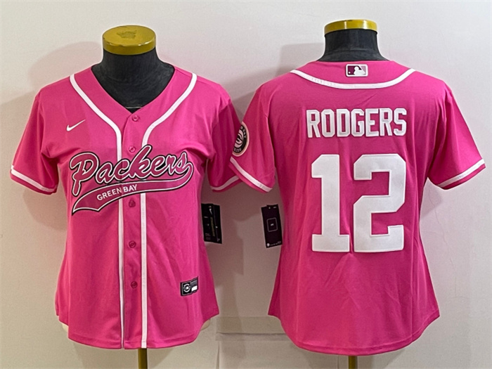 Women Green Bay Packers 12 Aaron Rodgers Pink With Patch Cool Base Stitched Baseball Jersey