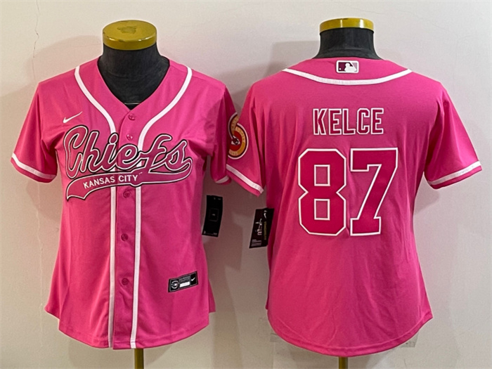 Women Kansas City Chiefs 87 Travis Kelce Pink With Patch Cool Base Stitched Baseball Jersey