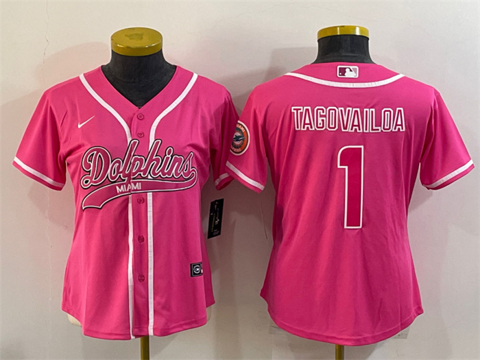 Women Miami Dolphins 1 Tua Tagovailoa Pink With Patch Cool Base Stitched Baseball Jersey