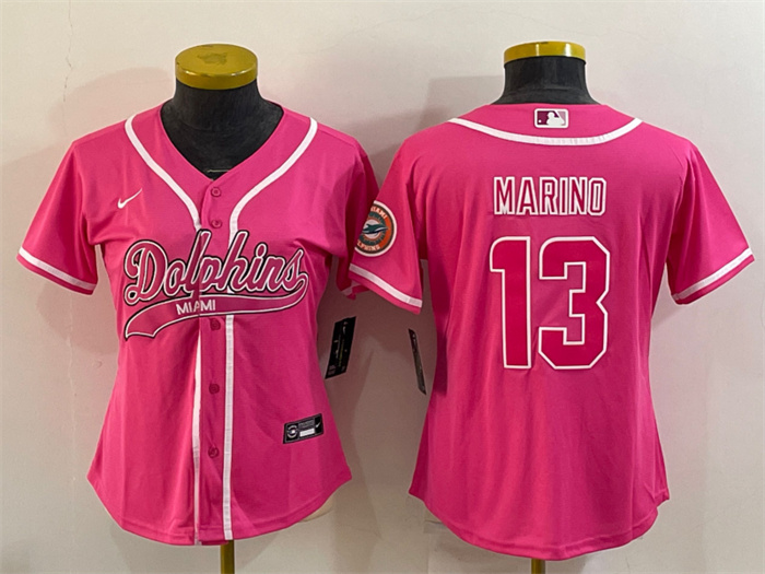 Women Miami Dolphins 13 Dan Marino Pink With Patch Cool Base Stitched Baseball Jersey