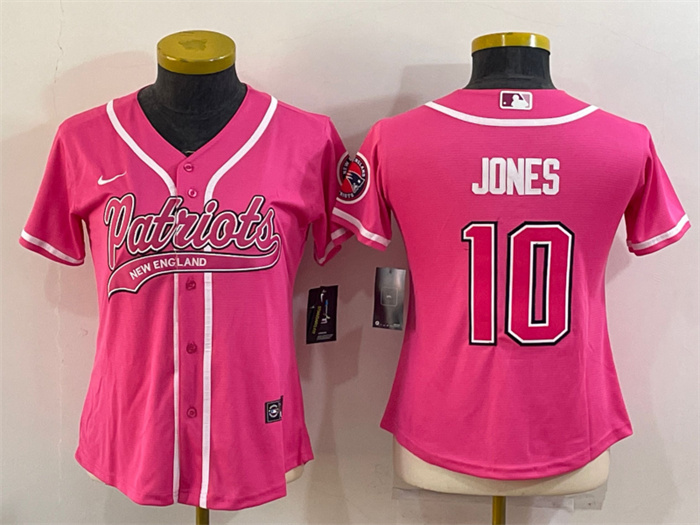 Women New England Patriots 10 Mac Jones Pink With Patch Cool Base Stitched Baseball Jersey