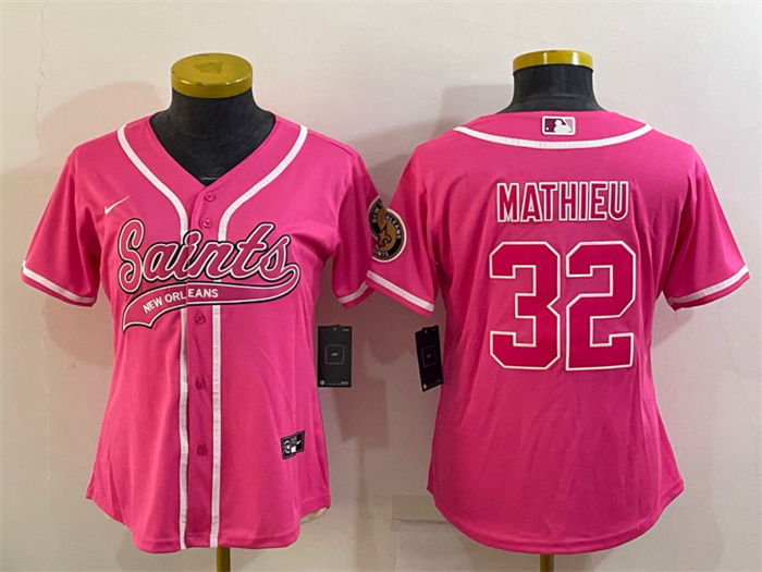 Women New Orleans Saints 32 Tyrann Mathieu Pink With Patch Cool Base Stitched Baseball Jersey