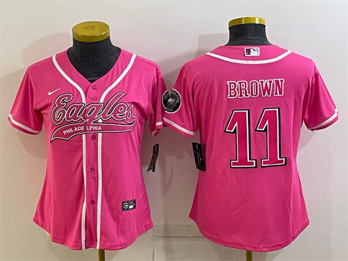 Women Philadelphia Eagles 11 A  J  Brown Pink With Patch Cool Base Stitched Baseball Jersey