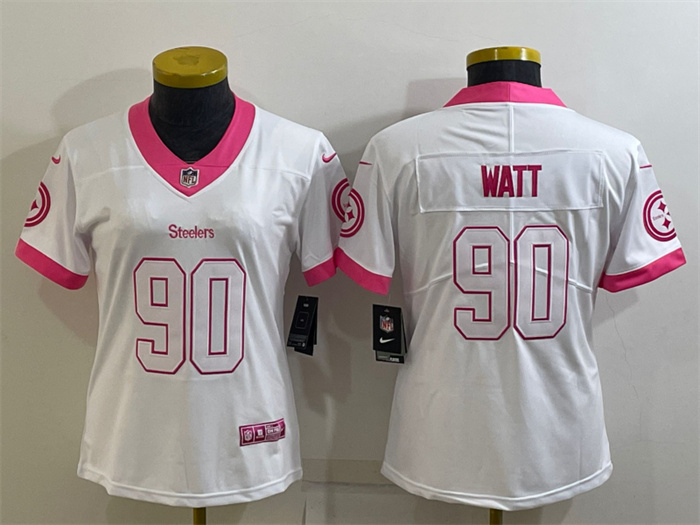 Women Pittsburgh Steelers 90 T  J  Watt White Pink Vapor Untouchaable Limited Stitched Jersey