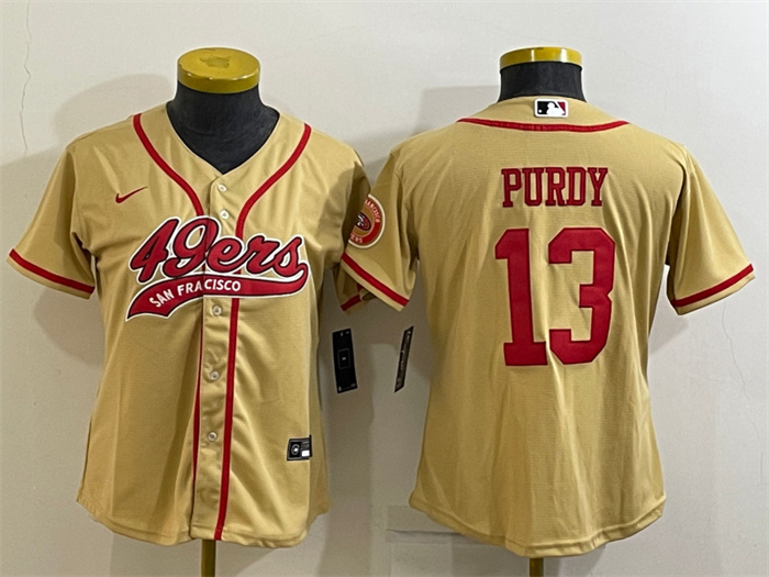 Women San Francisco 49ers 13 Brock Purdy Gold With Patch Cool Base Stitched Baseball Jersey