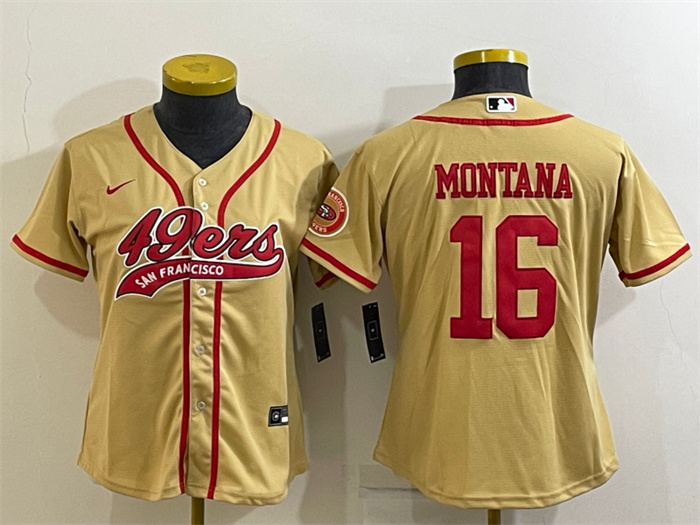 Women San Francisco 49ers 16 Joe Montana Gold With Patch Cool Base Stitched Baseball Jersey