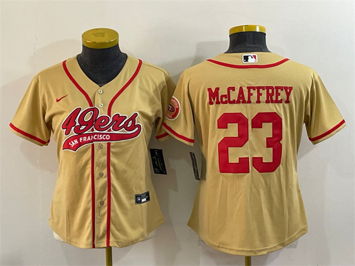 Women San Francisco 49ers 23 Christian McCaffrey Gold With Patch Cool Base Stitched Baseball Jersey