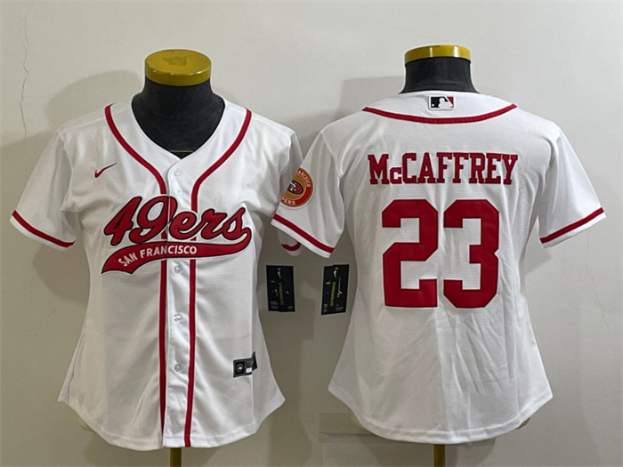 Women San Francisco 49ers 23 Christian McCaffrey White With Patch Cool Base Stitched Baseball Jersey