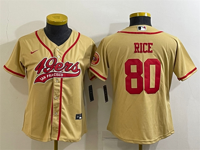 Women San Francisco 49ers 80 Jerry Rice Gold With Patch Cool Base Stitched Baseball Jersey