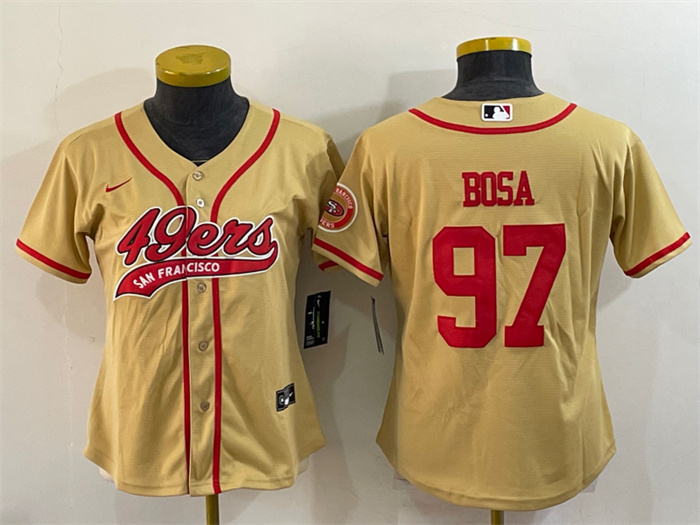 Women San Francisco 49ers 97 Nick Bosa Gold With Patch Cool Base Stitched Baseball Jersey